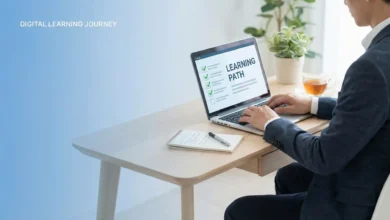 Person building digital skills on laptop in calm workspace