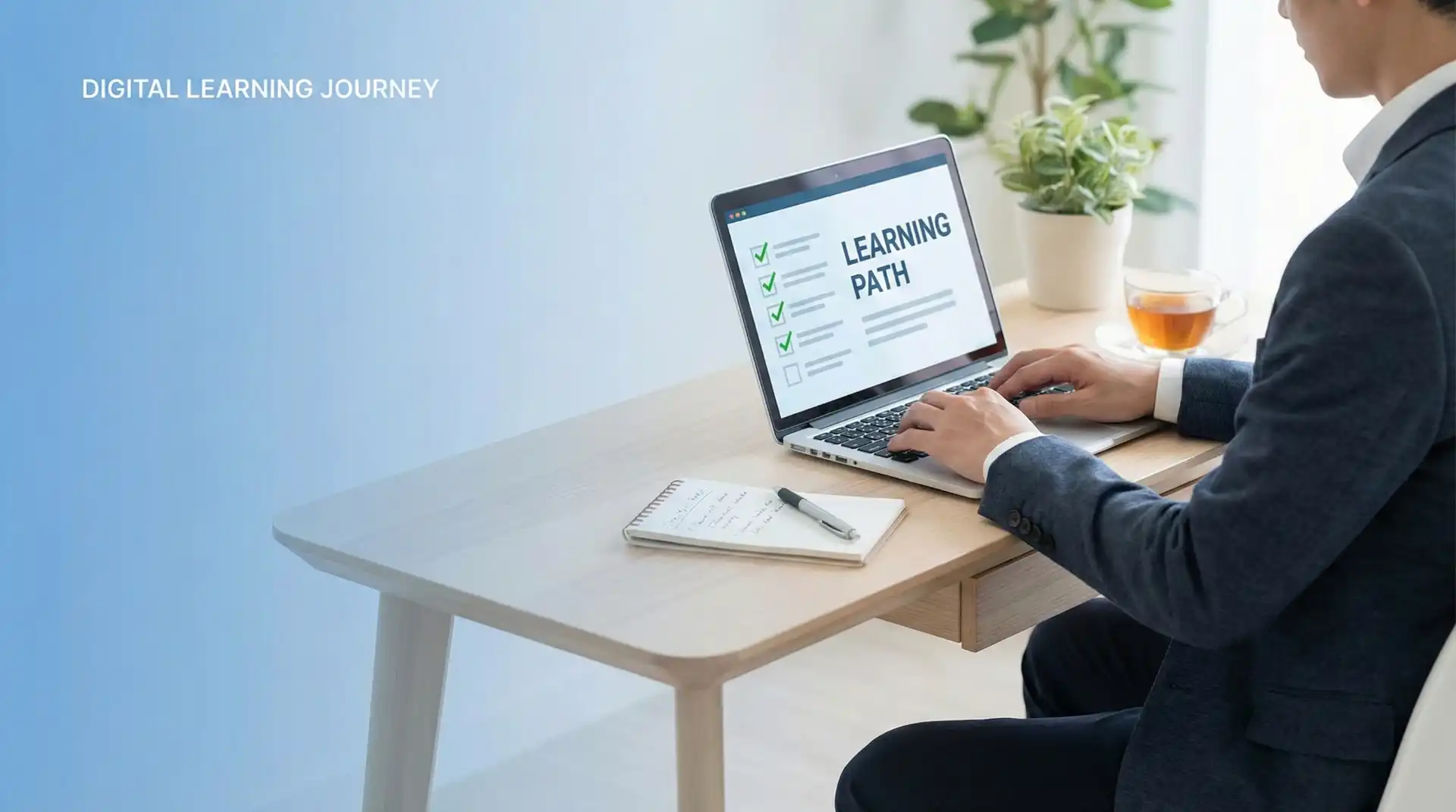 Person building digital skills on laptop in calm workspace