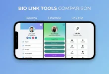 Toolszu link in bio creator compared with Linktree and Lnk.Bio on mobile screen