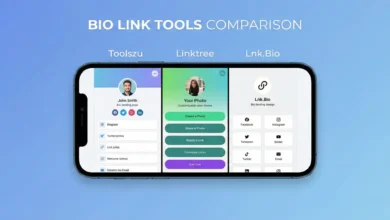 Toolszu link in bio creator compared with Linktree and Lnk.Bio on mobile screen