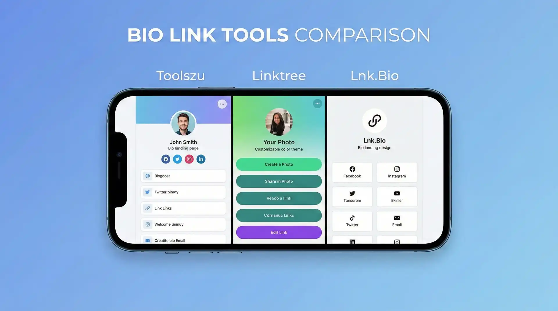 Toolszu link in bio creator compared with Linktree and Lnk.Bio on mobile screen