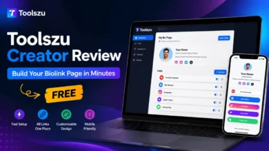 Toolszu Creator free biolink page builder dashboard preview on desktop and mobile devices