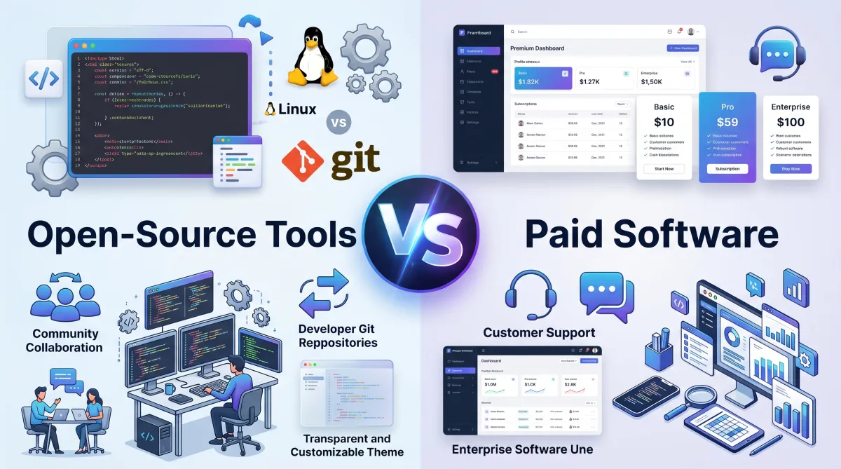 Open-source tools vs paid software comparison showing cost, features, security, support, customization, and business use cases